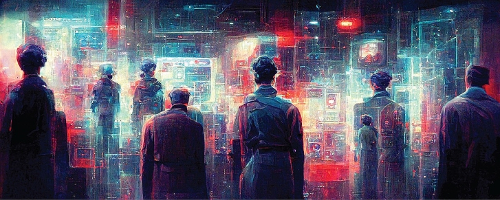 Düsteres Bild mit hellen Digitalen Systemen und schattenhaften Personen davor